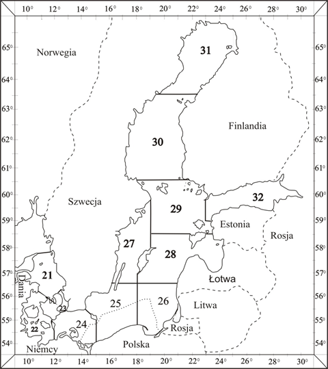 Mapa Bałtyku z podziałem na podobszary statystyczne ICES i wyszczególnieniem polskich obszarów morskich (POM)