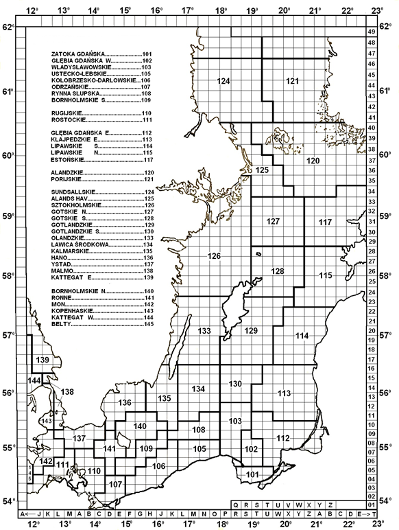 Mapa Bałtyku z wyszczególnieniem łowisk i z podziałem na kwadraty polskiej siatki rybackiej